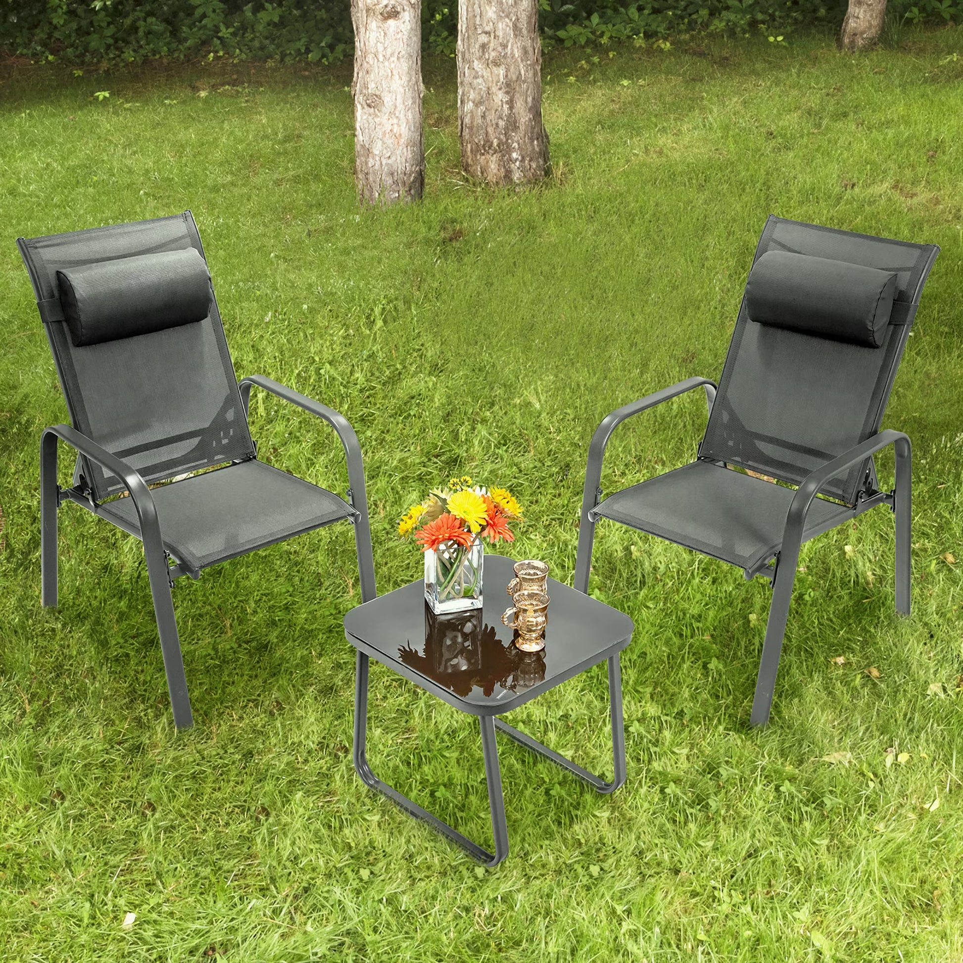 Costway 3PCS Patio Bistro Furniture Set Adjustable Back Stackable Chairs Black