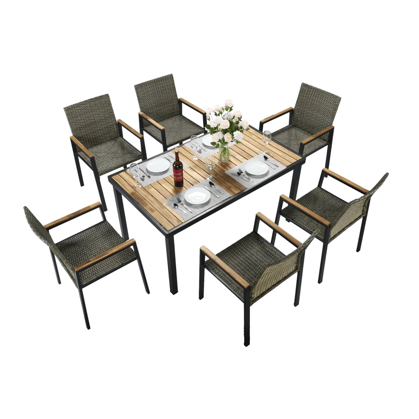 Seizeen 7-Piece Outdoor Table and Chairs, Patio Table Set with 6 Rattan Chairs, All-weather Outdoor Patio Dining Sets Rectangular Metal Table with Acacia Wood Top, Umbrella Hole, Gray