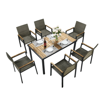 Seizeen 7-Piece Outdoor Table and Chairs, Patio Table Set with 6 Rattan Chairs, All-weather Outdoor Patio Dining Sets Rectangular Metal Table with Acacia Wood Top, Umbrella Hole, Gray
