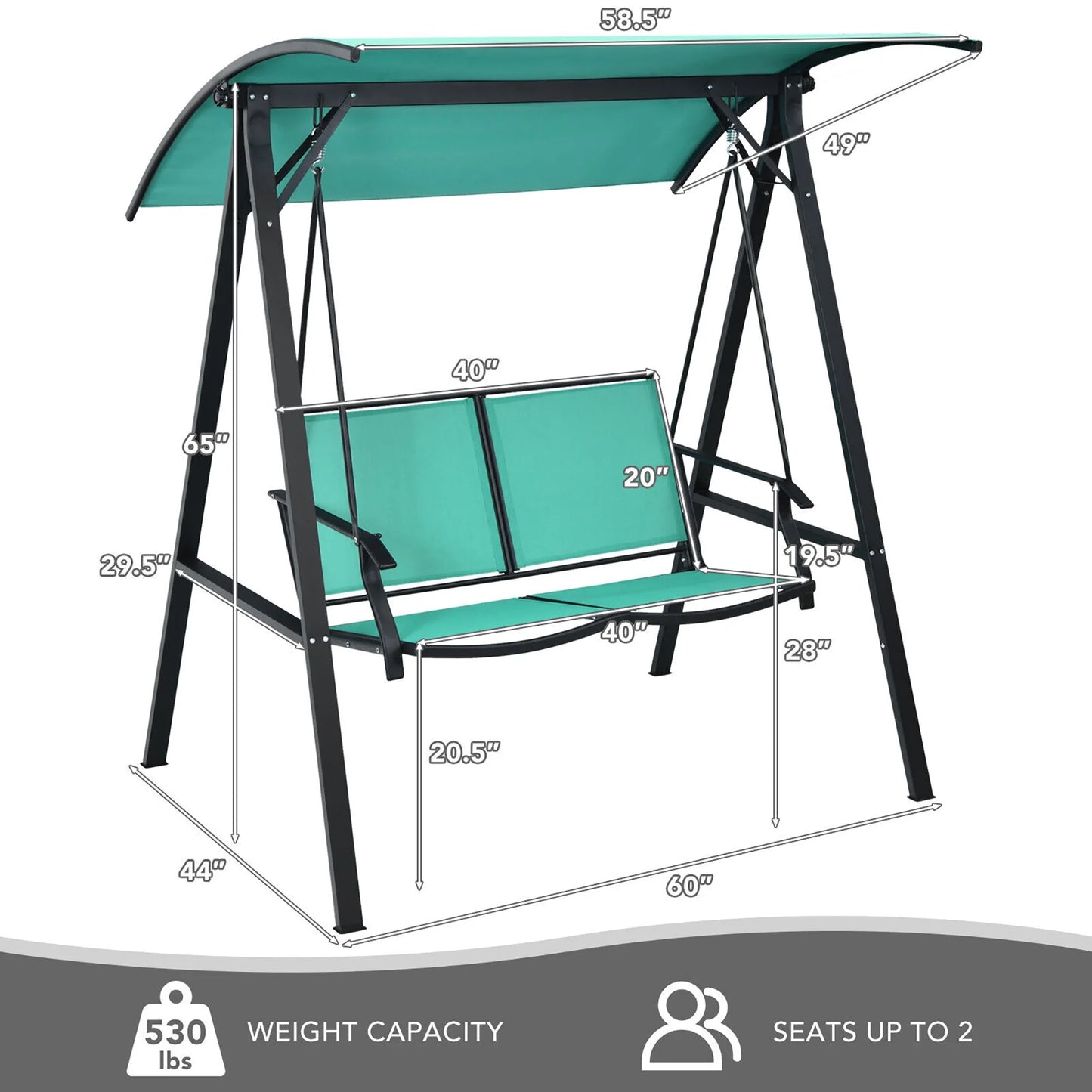 Gymax 2-Person Outdoor Patio Porch Swing Chair w/Adjustable Canopy Turquoise