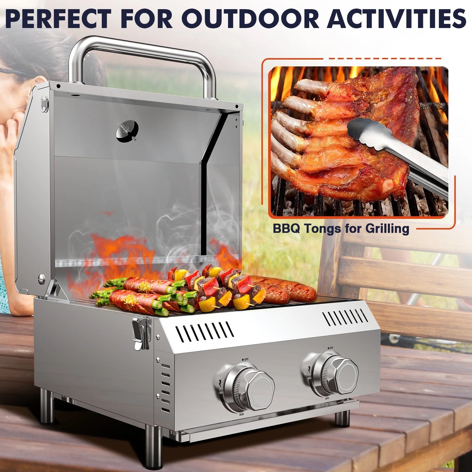 Portable 2-Burner Tabletop Propane Grill for Patio, 20,000 BTU, Stainless Steel, Camping & Tailgating