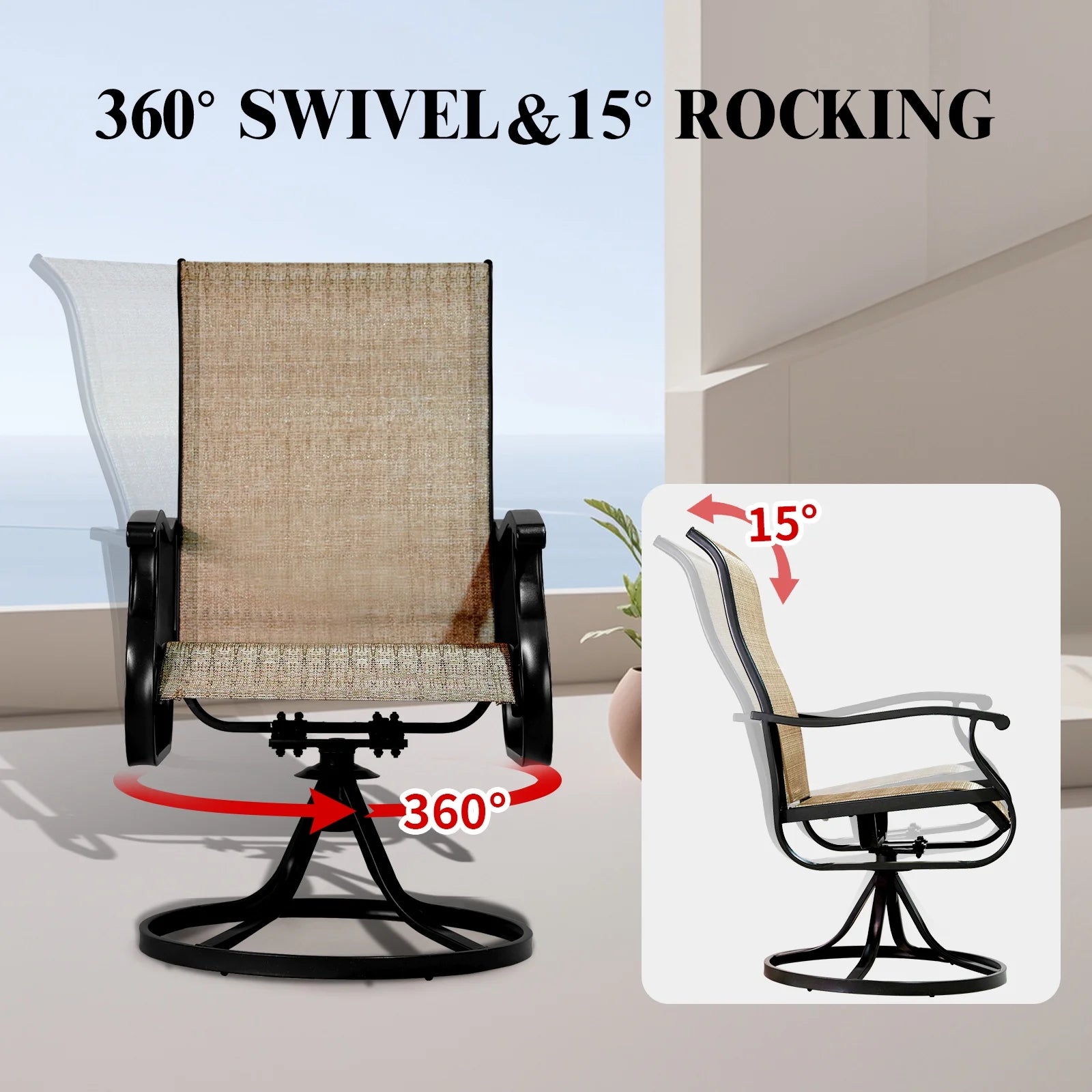 Patio Swivel Chairs Set of 2, Outdoor High Back Rocker Dining Chairs with All-Weather Textilene Mesh and Metal Frame, Comfortable Swivel Chairs for Patio, Garden, Deck, and Backyard (Beige)