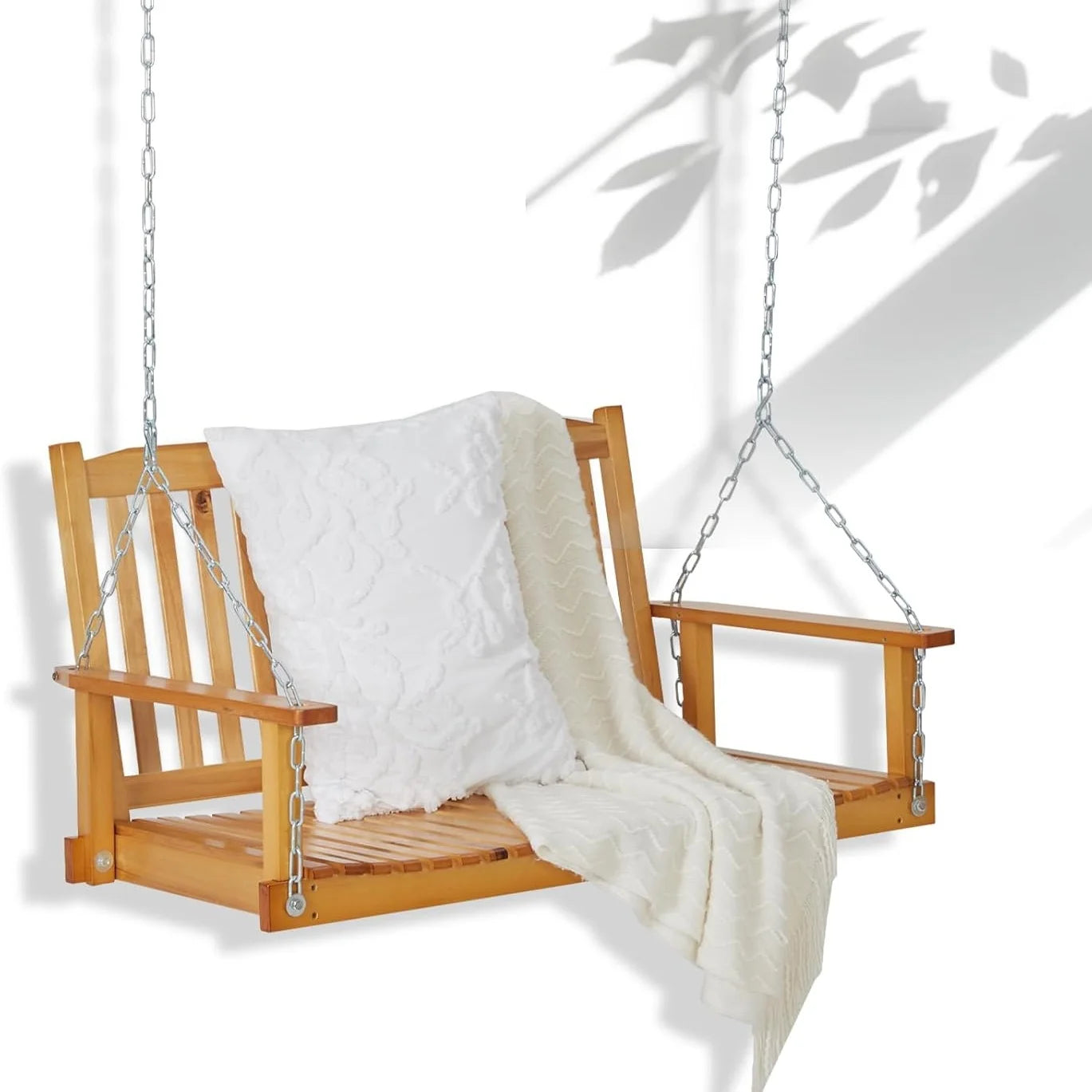 WildBreak Patio Wooden Swing, 45.7 x 24.8 x 23.6", with Hanging Chain, Heavy Duty, Natural Wood