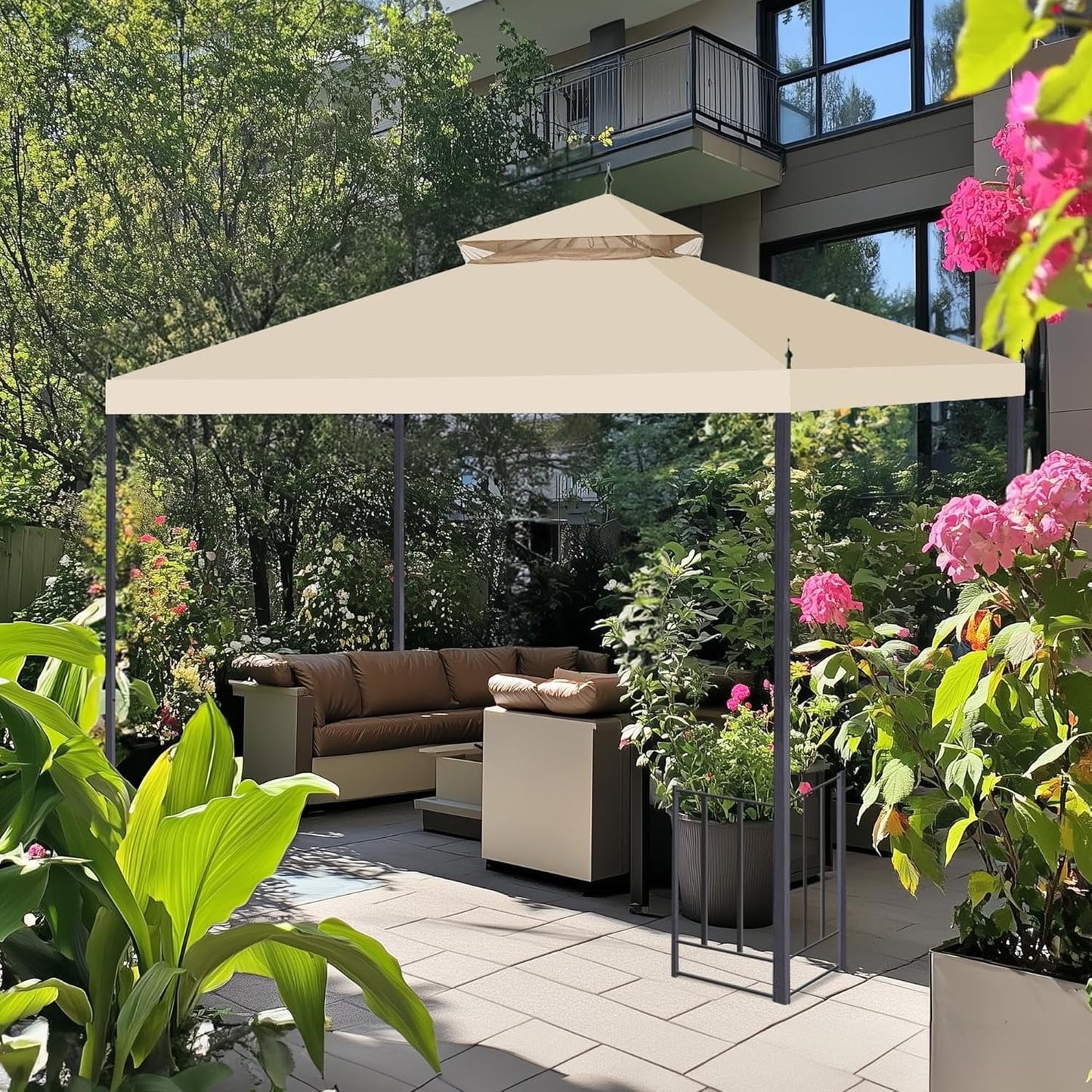 10x10Ft Canopy Top Replacement PU Water Resistance Arrow Gazebo Dual Tier Outdoor Patio Canopy Cover Party Backyard Garden Beige