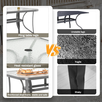 Pirecart Outdoor Glass Table with Umbrella Hole, Patio Dining Table for 6, for Garden, Balcony, Backyard, Poolside, Lawn, Gray