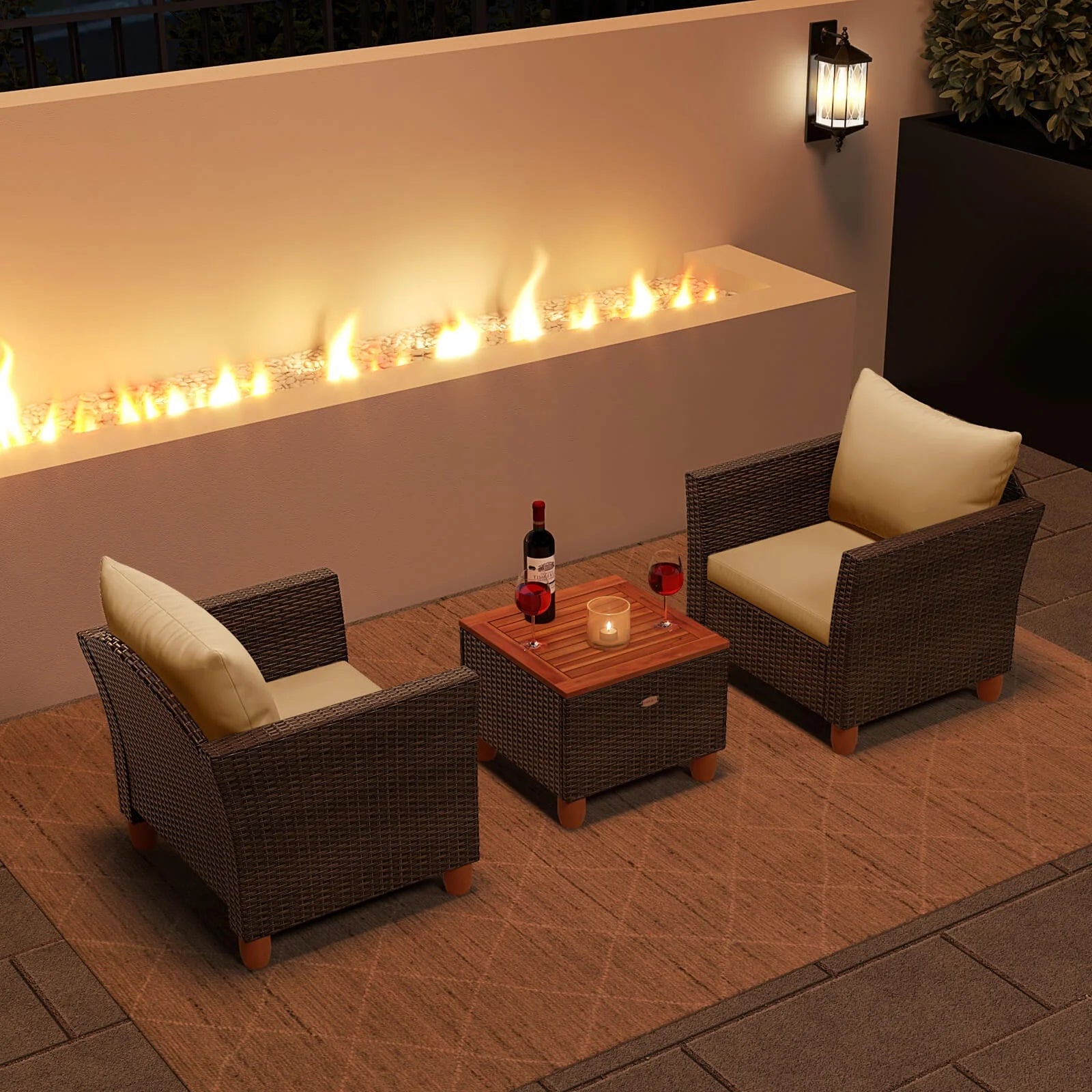 Costway 3PCS Patio Wicker Rattan Sofa Set Furniture Outdoor Acacia Wood Conversation Brown