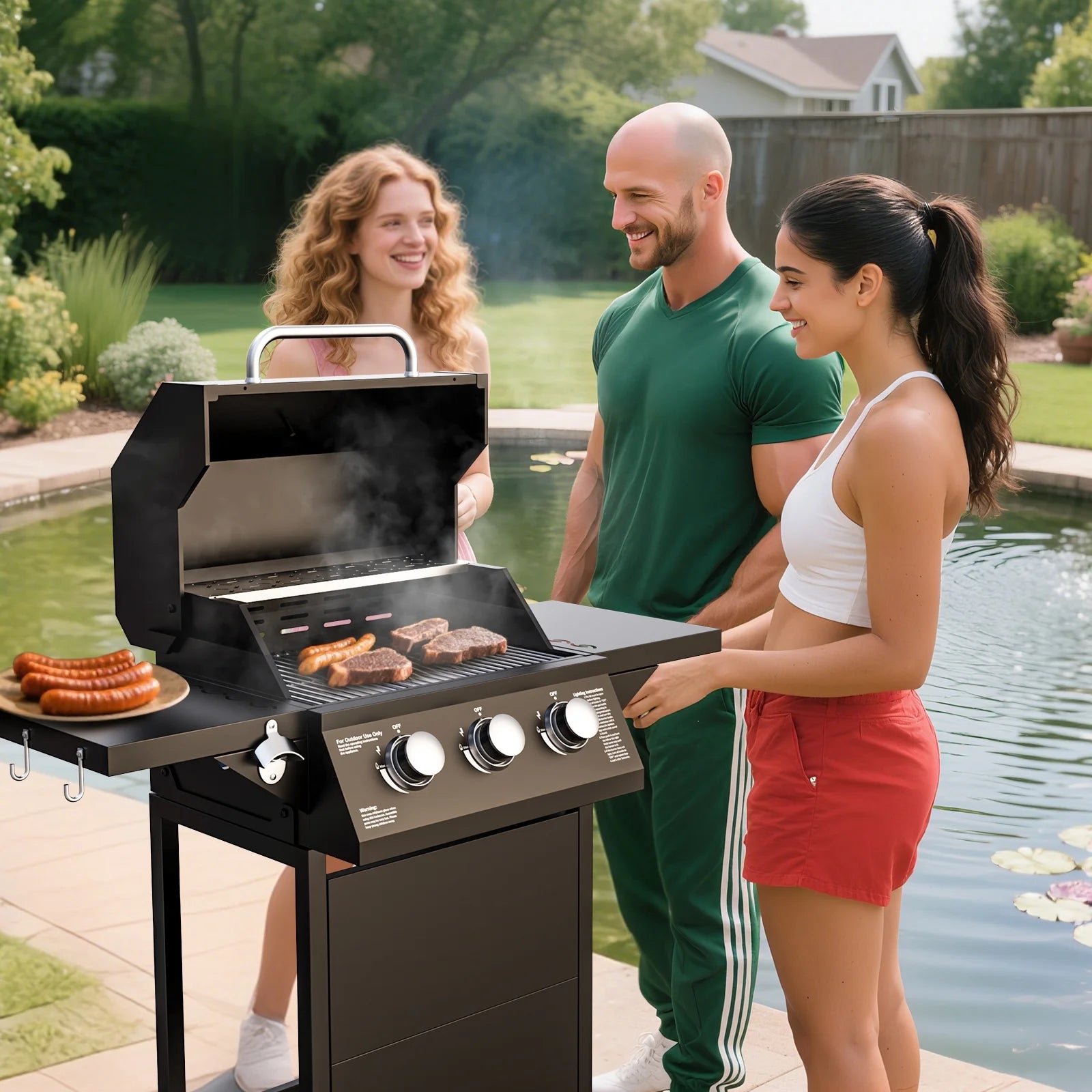 3-Burner Propane Gas Grill with 2 Foldable Side Tables, 30,000 BTU Outdoor BBQ Grill, Built-in Thermometer, Easy Assembly for Patio, Backyard BBQ