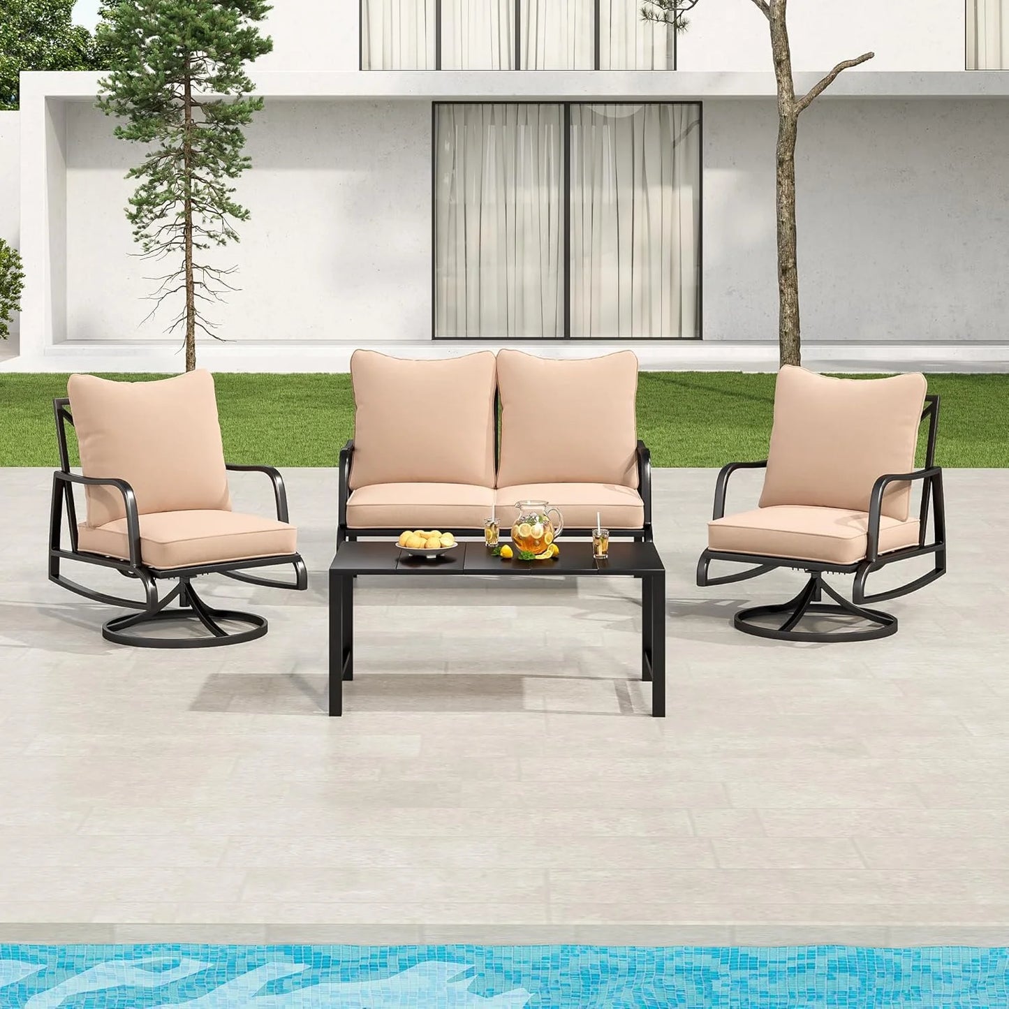 Farini Patio Furniture Set, 4 Piece Outdoor Patio Furniture Set, 2 x Outdoor Swivel Chair, 1 x 2-Seats Sofa and 1 x Coffee Table, Metal Conversation Set for Porch, Balcony, and Backyard