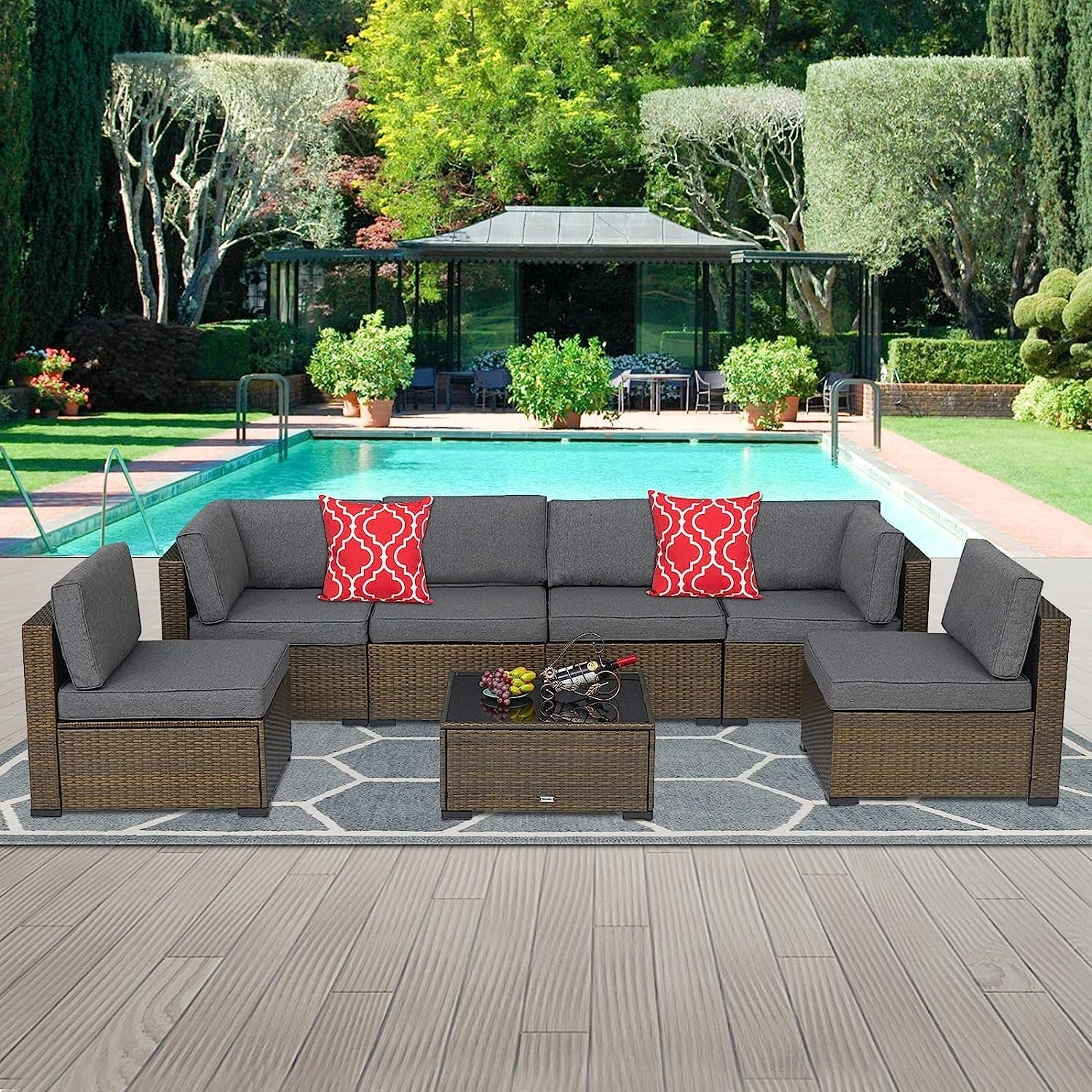 Kinbor 7pcs Outdoor Patio Rattan Wicker Furniture Sectional Sofa Set with Gray Cushions