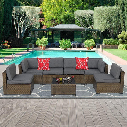 Kinbor 7pcs Outdoor Patio Rattan Wicker Furniture Sectional Sofa Set with Gray Cushions