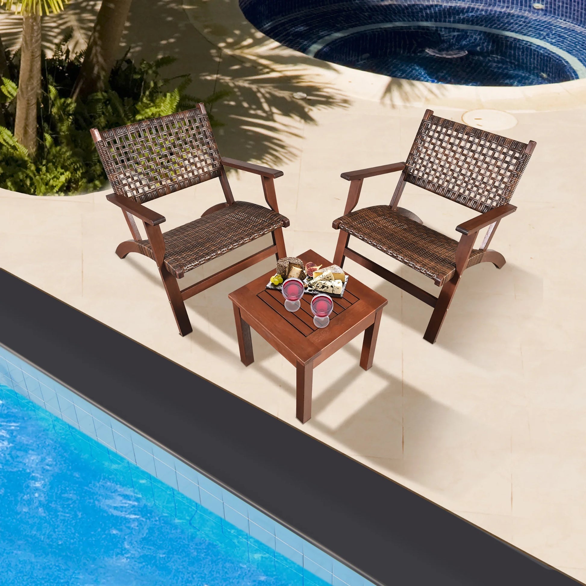Gymax 3PCS Rattan Patio Chair & Table Set Outdoor Furniture Set w/Wooden Frame