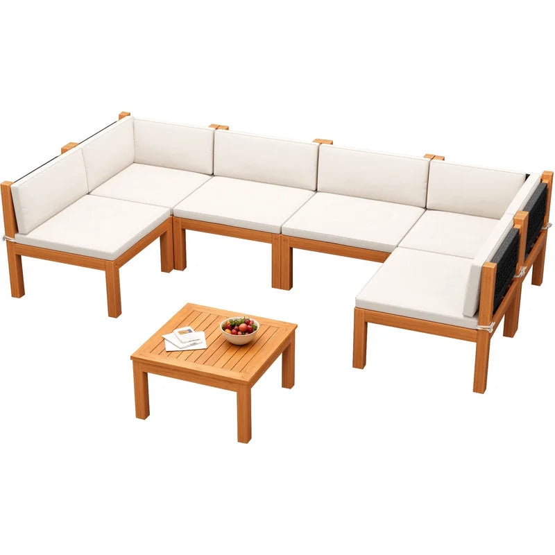 Devoko 7 pieces Patio Acacia Wood Sectional Sofa with CushionsOutdoor Furniture Set for Porch, Yard and Balcony