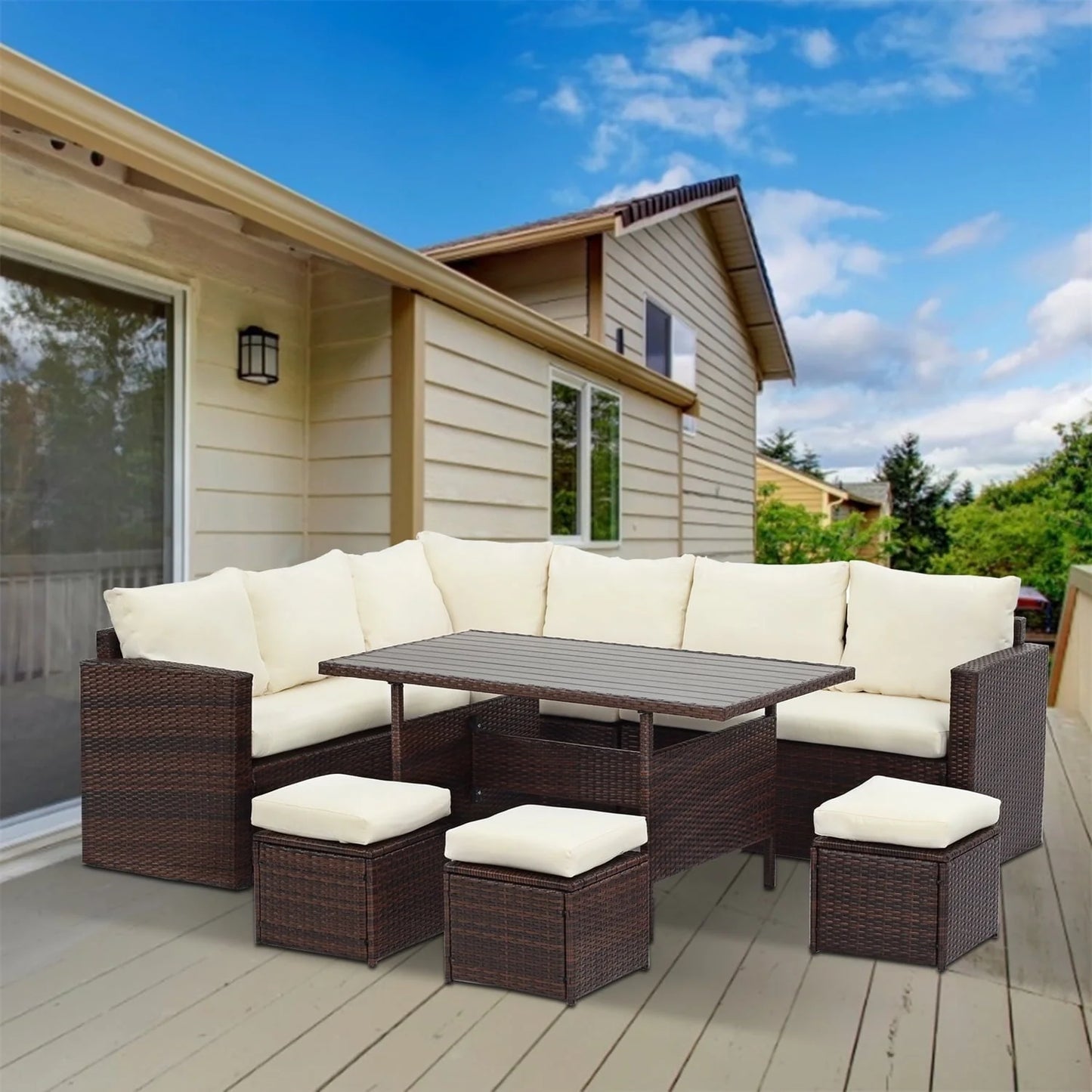 CozyHom 7 Pcs Outdoor Patio PE Wicker Sectional Dining Sofa Furniture Set, Rattan Sectional Conversation Furniture Set With Dining Table, Beige