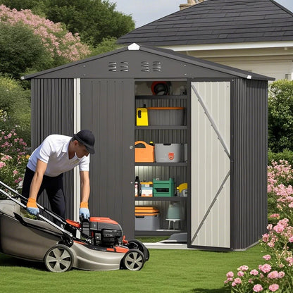 8x6 ft Outdoor Storage Shed on Sale, Sheds & Outdoor Storage with Lockable Doors, Metal Garden Shed by Durable Galvanized Steel for Patio, Lawn - Dark Gray