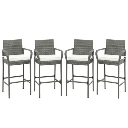 Gymax Set of 4 Rattan Patio Bar Stools Outdoor Bar Height Chairs w/Cushions