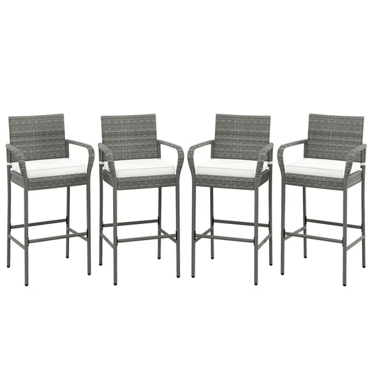 Gymax Set of 4 Rattan Patio Bar Stools Outdoor Bar Height Chairs w/Cushions