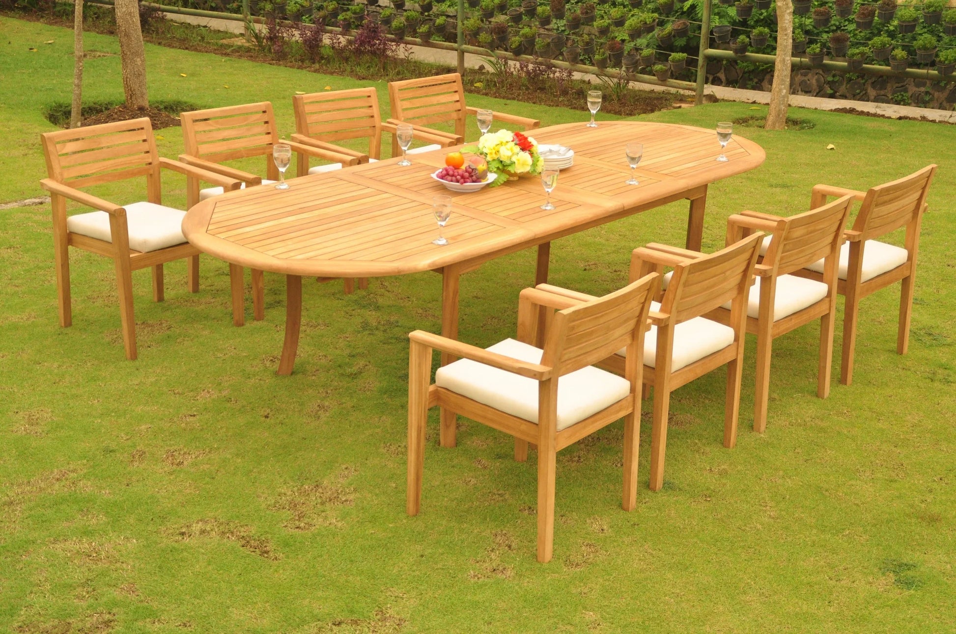 Teak Dining Set: 8 Seater 7 Pc: 117" Oval Table & 8 Montana Stacking Arm Chairs Outdoor Patio Grade-A Teak Wood WholesaleTeak #WMDSMTd