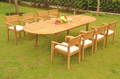 Teak Dining Set: 8 Seater 7 Pc: 117" Oval Table & 8 Montana Stacking Arm Chairs Outdoor Patio Grade-A Teak Wood WholesaleTeak #WMDSMTd