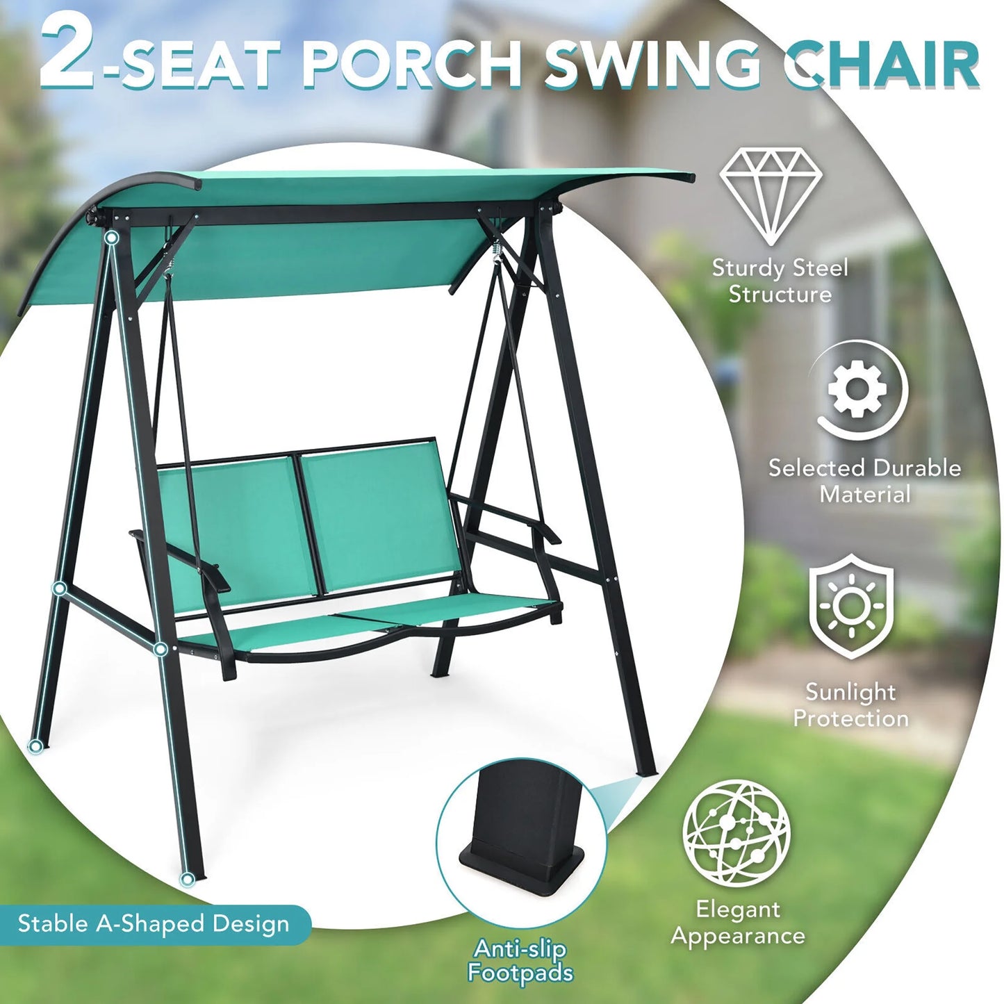 Gymax 2-Person Outdoor Patio Porch Swing Chair w/Adjustable Canopy Turquoise