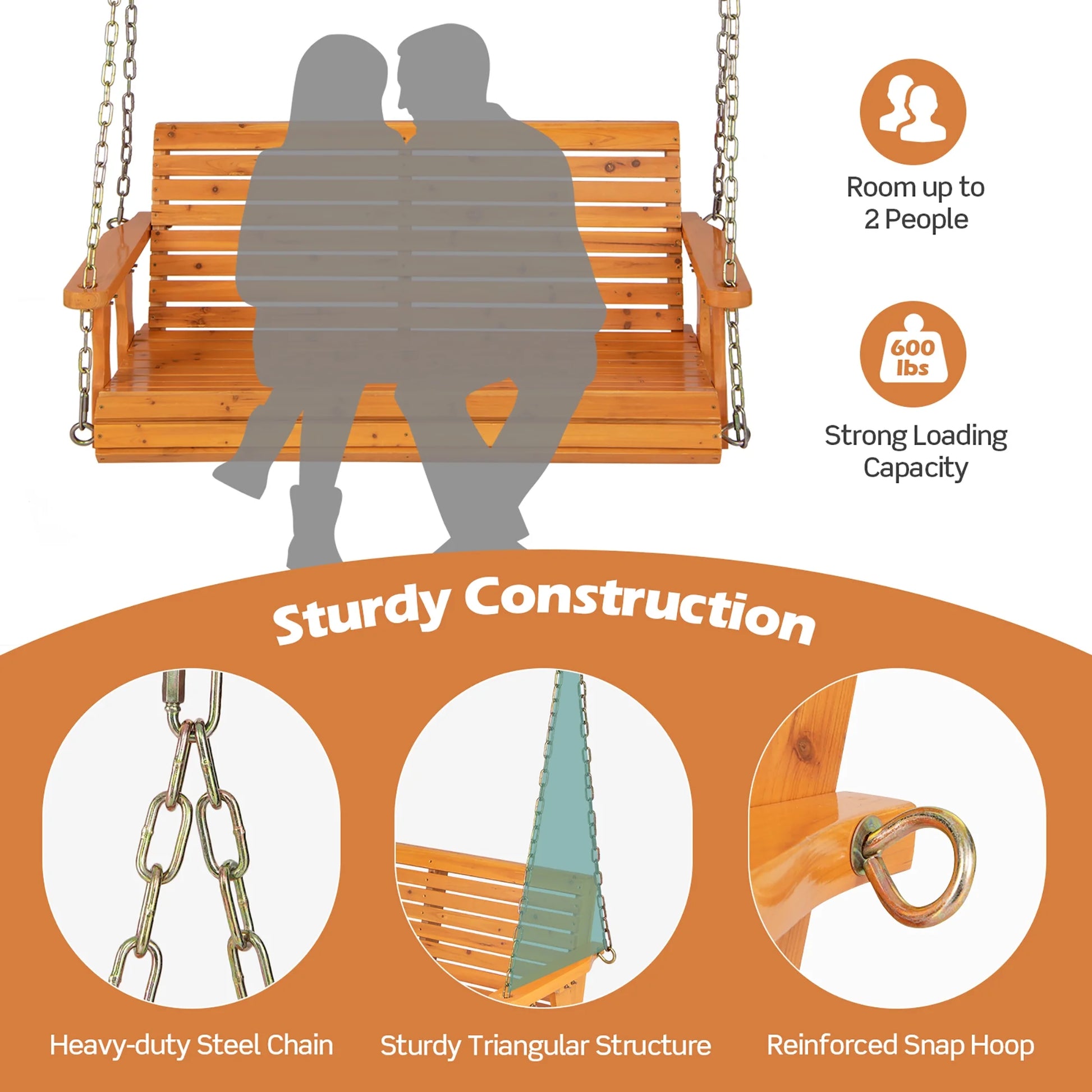 Costway Porch Swing Wood Outdoor Patio Hanging Bench Chair for Garden Backyard orange