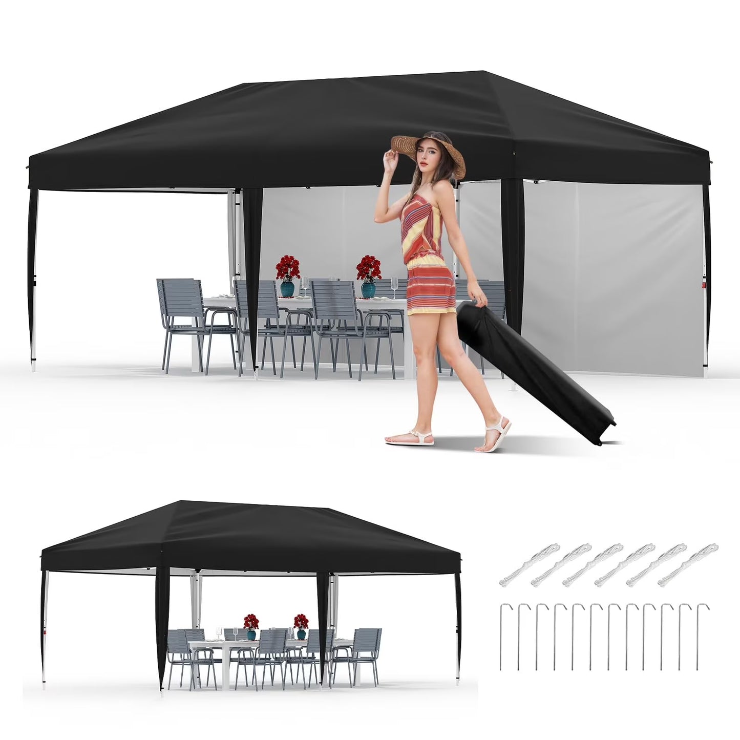 Riedhoff 10'x 20' Pop-up Canopy Tent with 2 Sidewalls,12 Stakes & 6 Sandbags,for Patio,Party,Green
