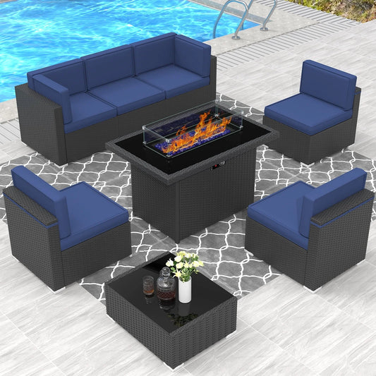 8 Piece Patio Furniture Set with 44" Propane Gas Fire Pit Table, Outdoor Sectional Conversation Set Wicker Rattan Sofa Set with Coffee Table