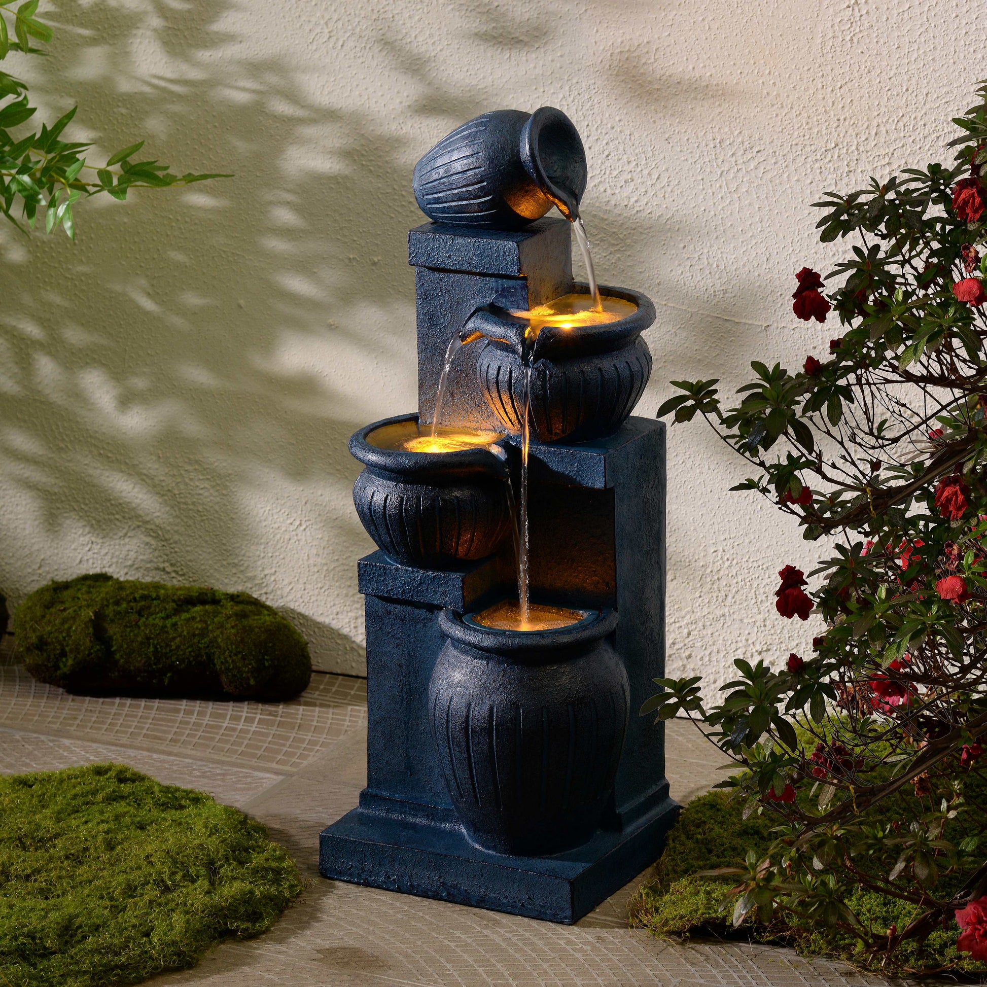 Teamson Home Outdoor Water Fountain with LightsC 4-Tier Cascading Bowl Design with LED Light & Solar Pump, Solar-Powered Water Fountain Outdoor Garden, Yard, or Patio Dcor, Navy Blue