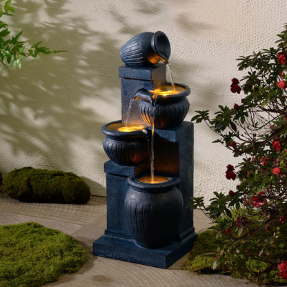 Teamson Home Outdoor Water Fountain with LightsC 4-Tier Cascading Bowl Design with LED Light & Solar Pump, Solar-Powered Water Fountain Outdoor Garden, Yard, or Patio Dcor, Navy Blue