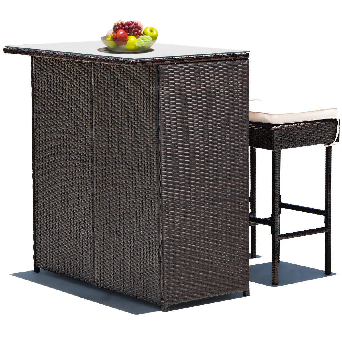 Costway 3PCS Patio Rattan Wicker Bar Table Stools Dining Set Cushioned Chairs Garden