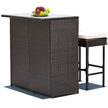 Costway 3PCS Patio Rattan Wicker Bar Table Stools Dining Set Cushioned Chairs Garden