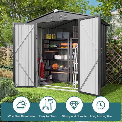 Aiho 8 x 6 FT Outdoor Storage Shed on Clearance with Metal Base Frame and Double Lockable Doors for Garden, Patio - Gray