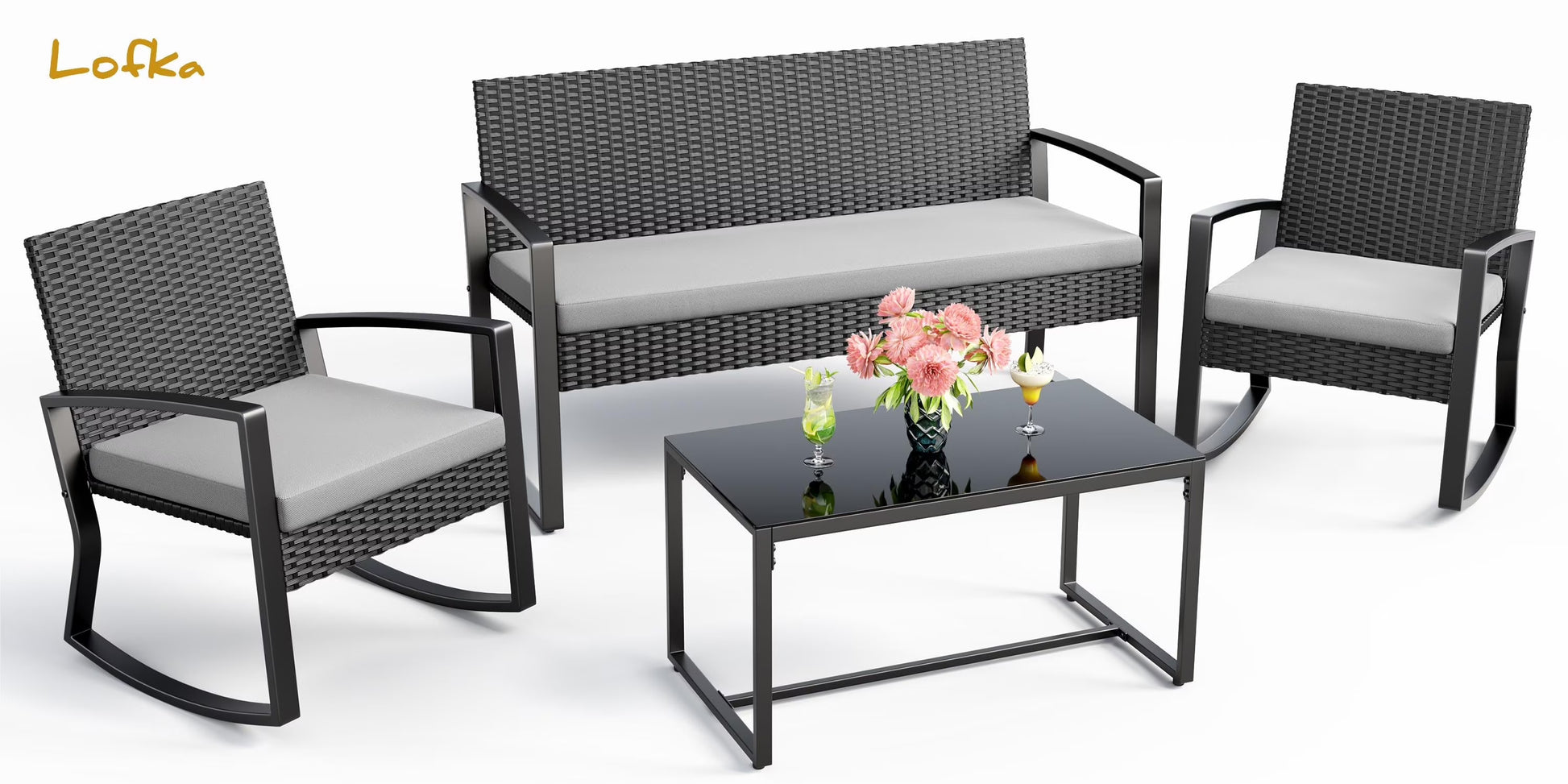 Lofka Patio Furniture Set, 4-Piece Outdoor Sectional Furniture Set with Coffee Table for Conversation & Dining, Gray Rattan