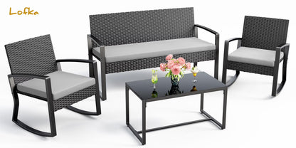 Lofka Patio Furniture Set, 4-Piece Outdoor Sectional Furniture Set with Coffee Table for Conversation & Dining, Gray Rattan