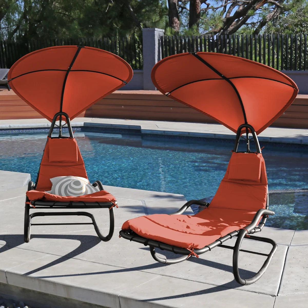 2X Rocking Hanging Lounge Chair - Curved Chaise Rocking Lounge Chair Swing For Backyard Patio w/Built-in Pillow Removable Canopy with stand {Green}