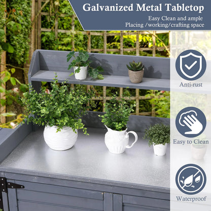 Yeshouse Outdoor Potting Bench Table, Wooden Gardening Furniture with Metal Tabletop and Storage Cabinet, Horticulture Workstation with Adjustable Shelf for Garden, Patio, Backyard, Greenhouse