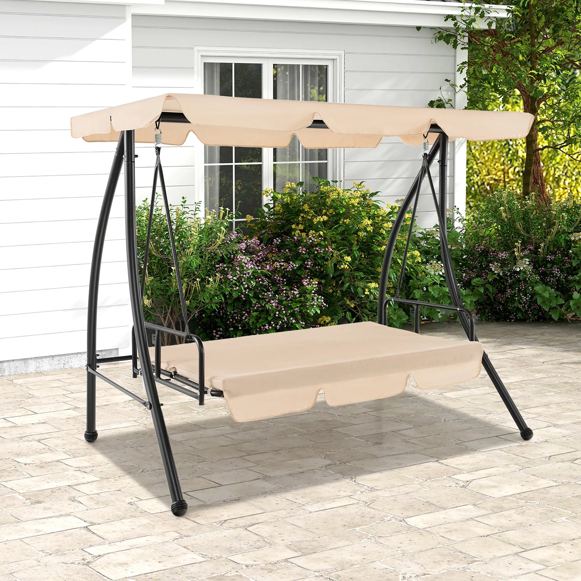 Gymax Outdoor Swing Chair Glider Patio Hammock Converting Flatbed w/Adjustable Canopy