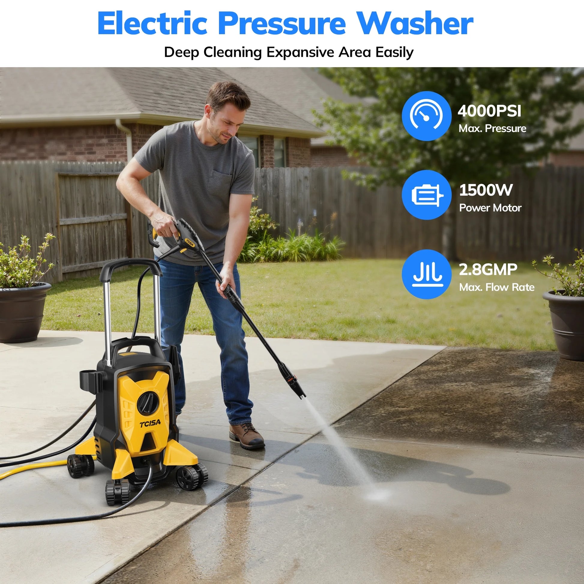 TCISA Electric Pressure Washer,4000 PSI Max 2.8 GPM Power Washer with 35FT Cord,20FT Hose,Adjustable Nozzle 0-120°,Foam Cannon for Car Garden Patio