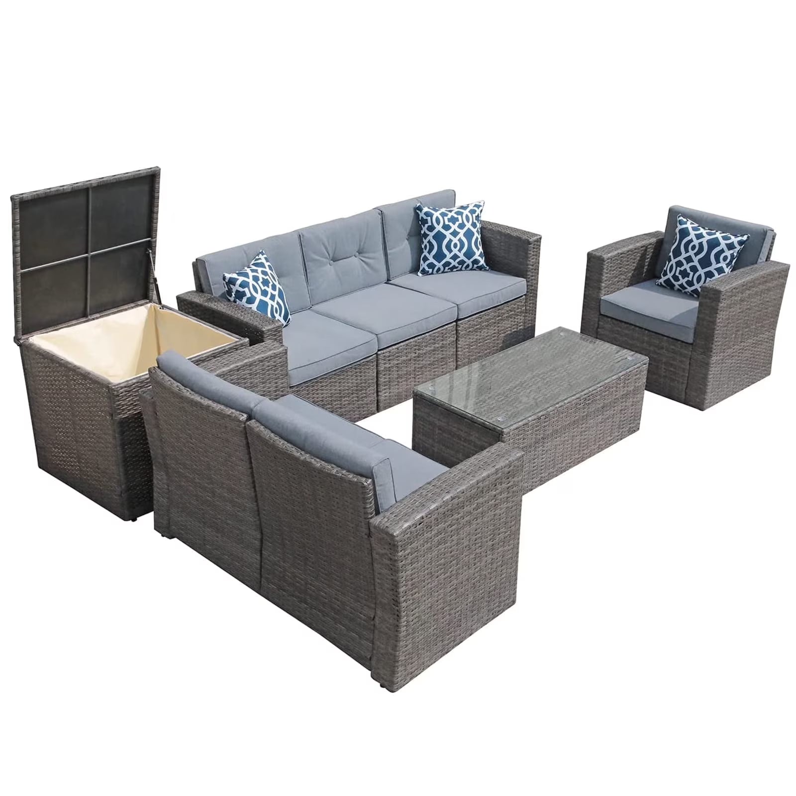 JOIVI 8 Pc Outdoor Furniture Set with Storage Box, Wicker Rattan Patio Conversation Set with Sectional Sofa Couch for 6 People, Espresso Brown