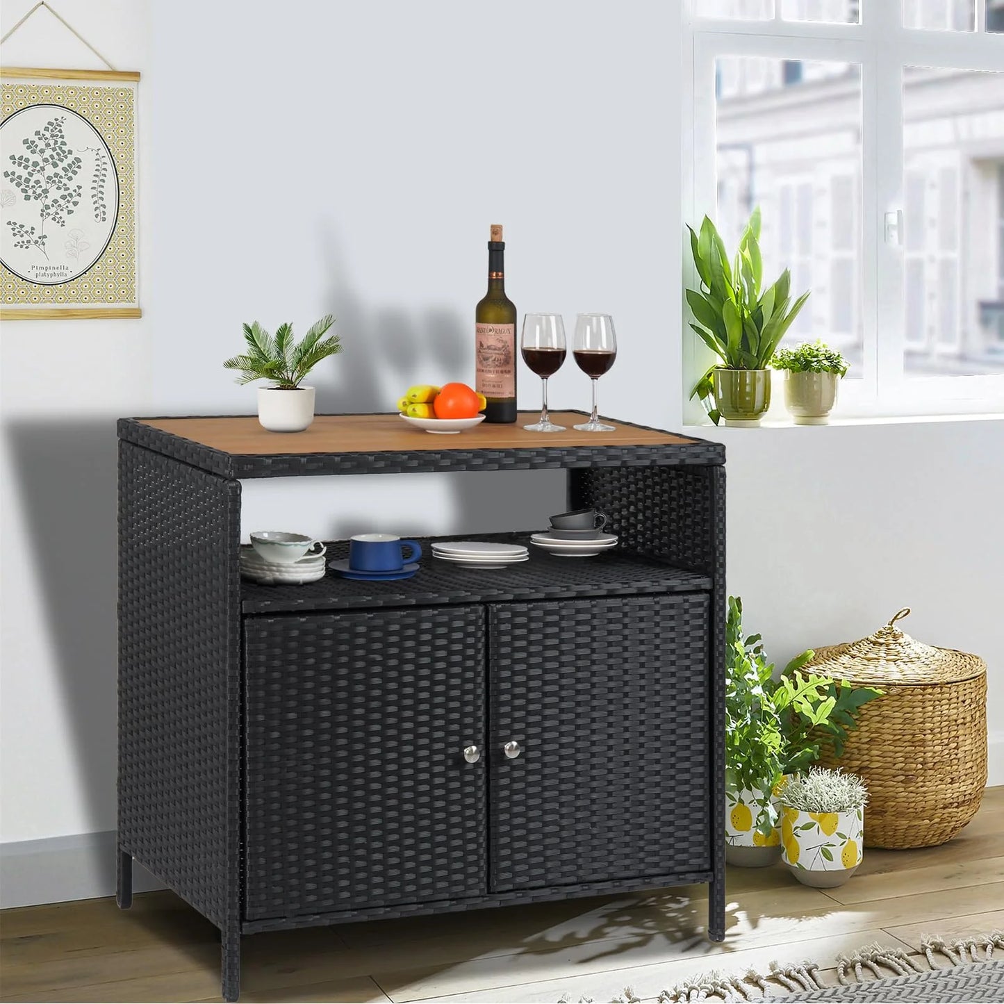 Litake Outdoor Wicker Storage Cabinet All Weather Resin Patio Bar Table, Black and Brown