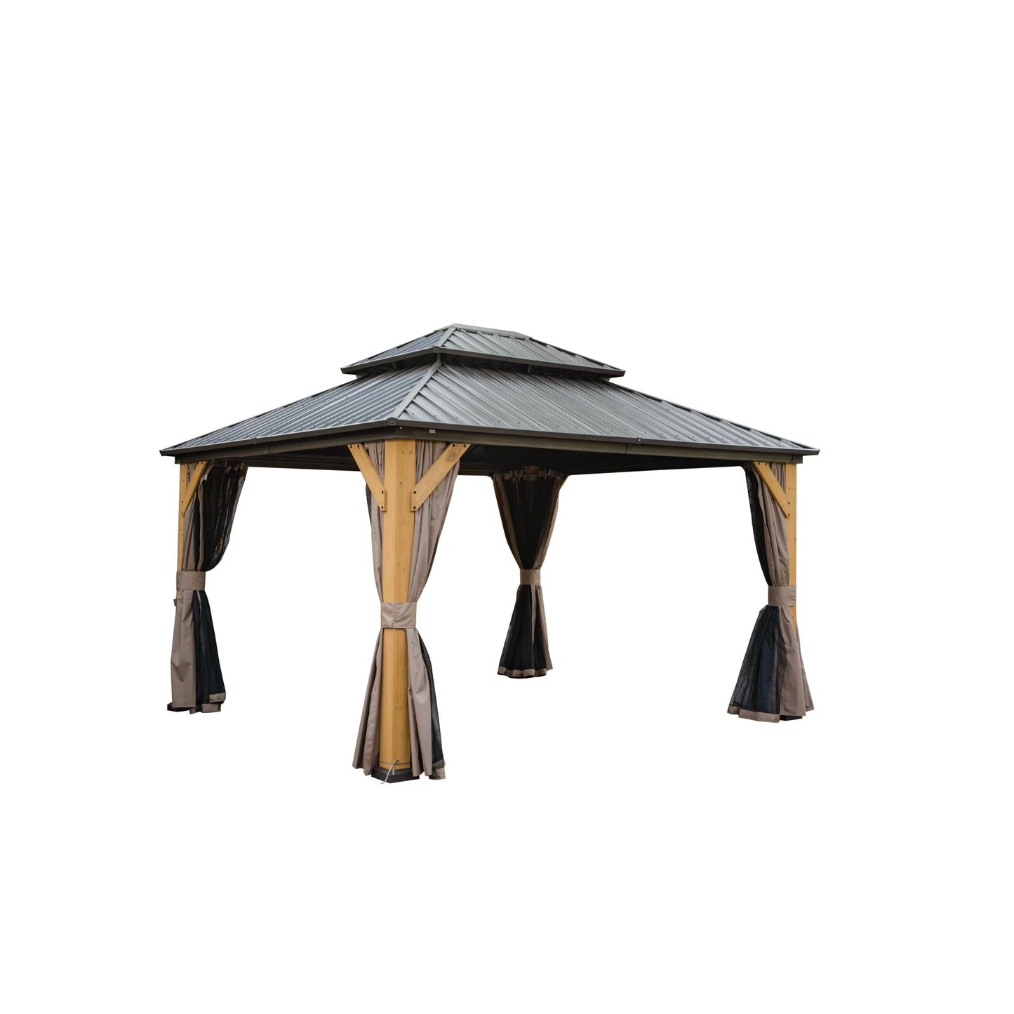 Mondawe 12'x20' Hardtop Gazebo, Outdoor Cedar Wood Frame Canopy with Galvanized Steel Double Roof, Outdoor Permanent Metal Pavilion with Curtains and Netting for Patio, Backyard and Lawn(Brown)