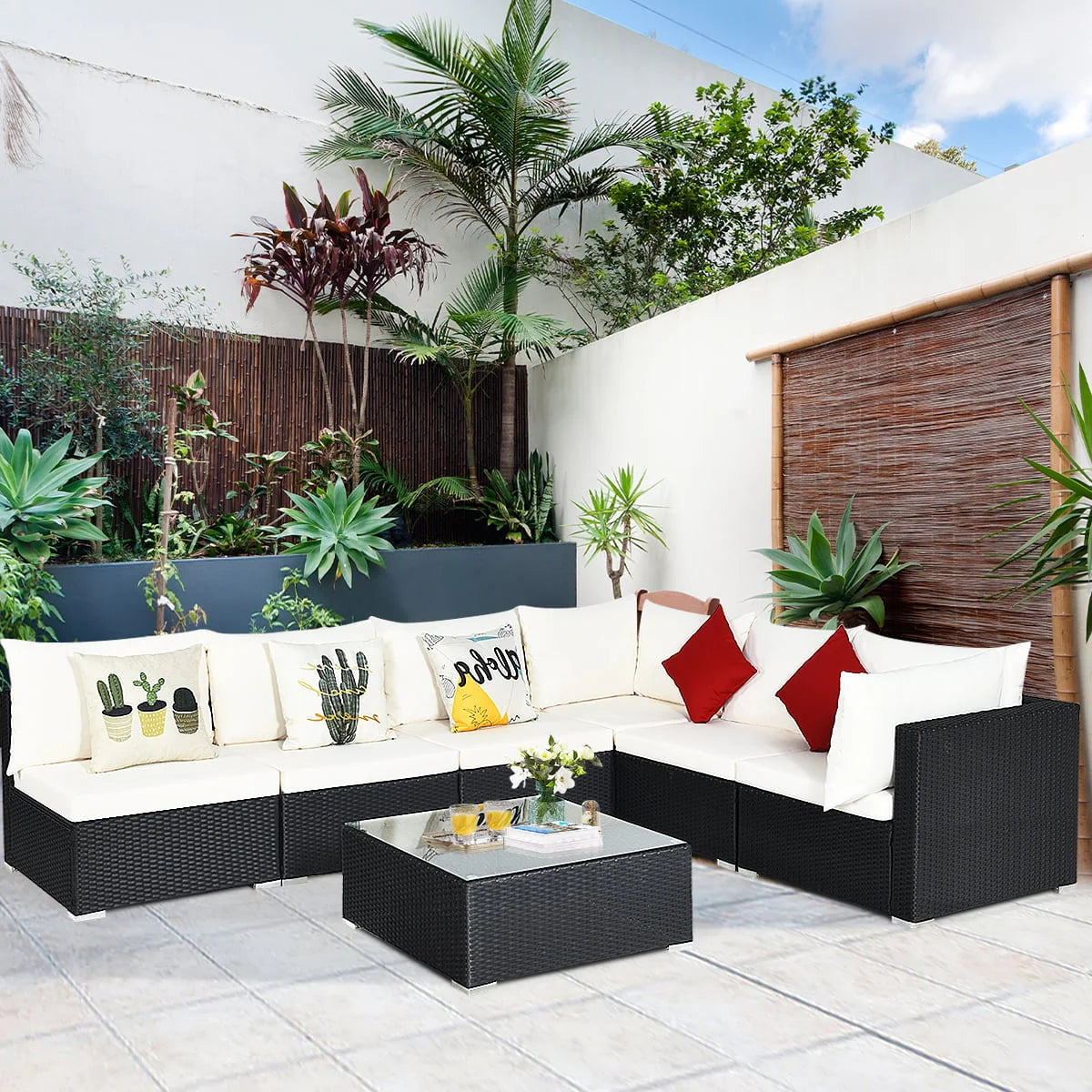 Gymax 7PCS Rattan Patio Conversation Sectional Furniture Set w/Cushion Pillow