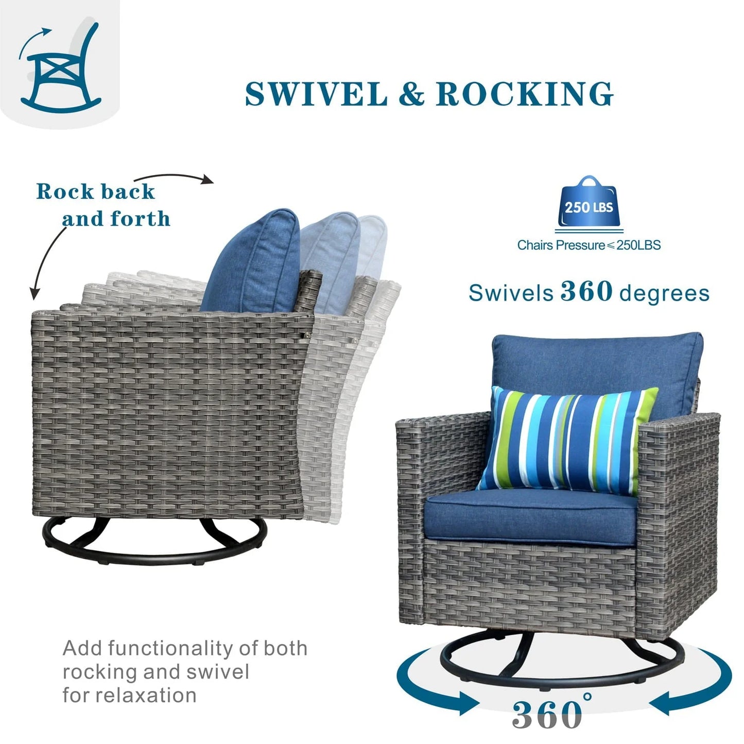 Ovios 6 Pieces Outdoor Patio Furniture with 30 inch Fire Pit Table All Weather Wicker Conversation Set with 360° Swivel Chair for Porch