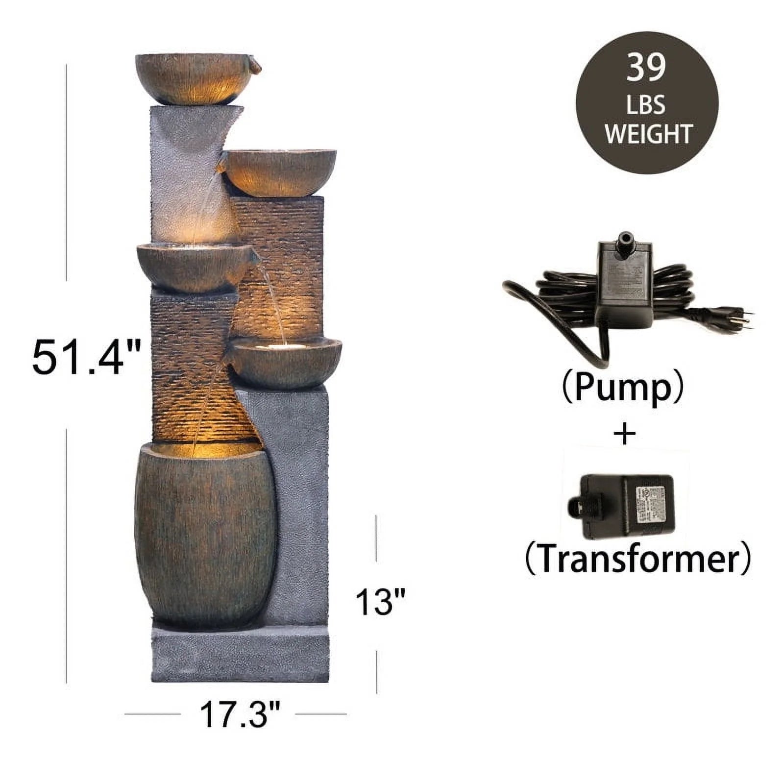 5 Tiers Modern Cascading Large Outdoor Fountain with Lights Water Fountain for Garden, Patio, Backyard, Deck, Porch and Home Art Decor