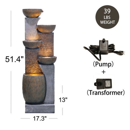 5 Tiers Modern Cascading Large Outdoor Fountain with Lights Water Fountain for Garden, Patio, Backyard, Deck, Porch and Home Art Decor