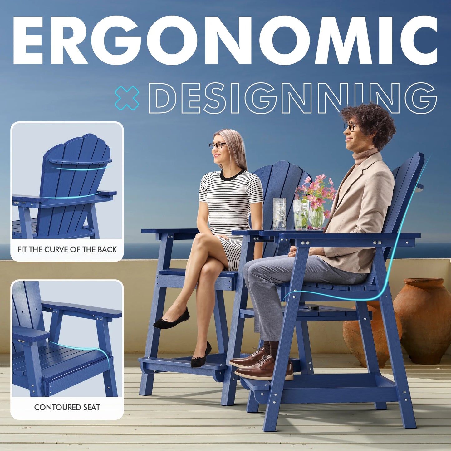 Buballino Bar Height Wooden Patio Set and Double Layer Connecting Tray - Set of 2, Navy Blue