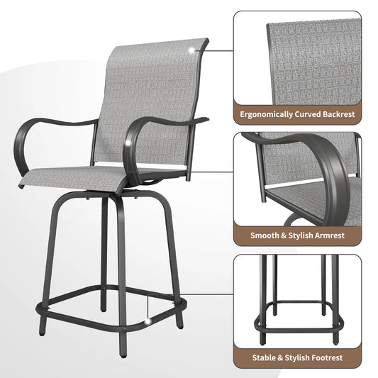 ECOPATIO Outdoor Swivel Bar Stool Collection Kids High Back Weather-Resistant - Set of 2, Light Gray