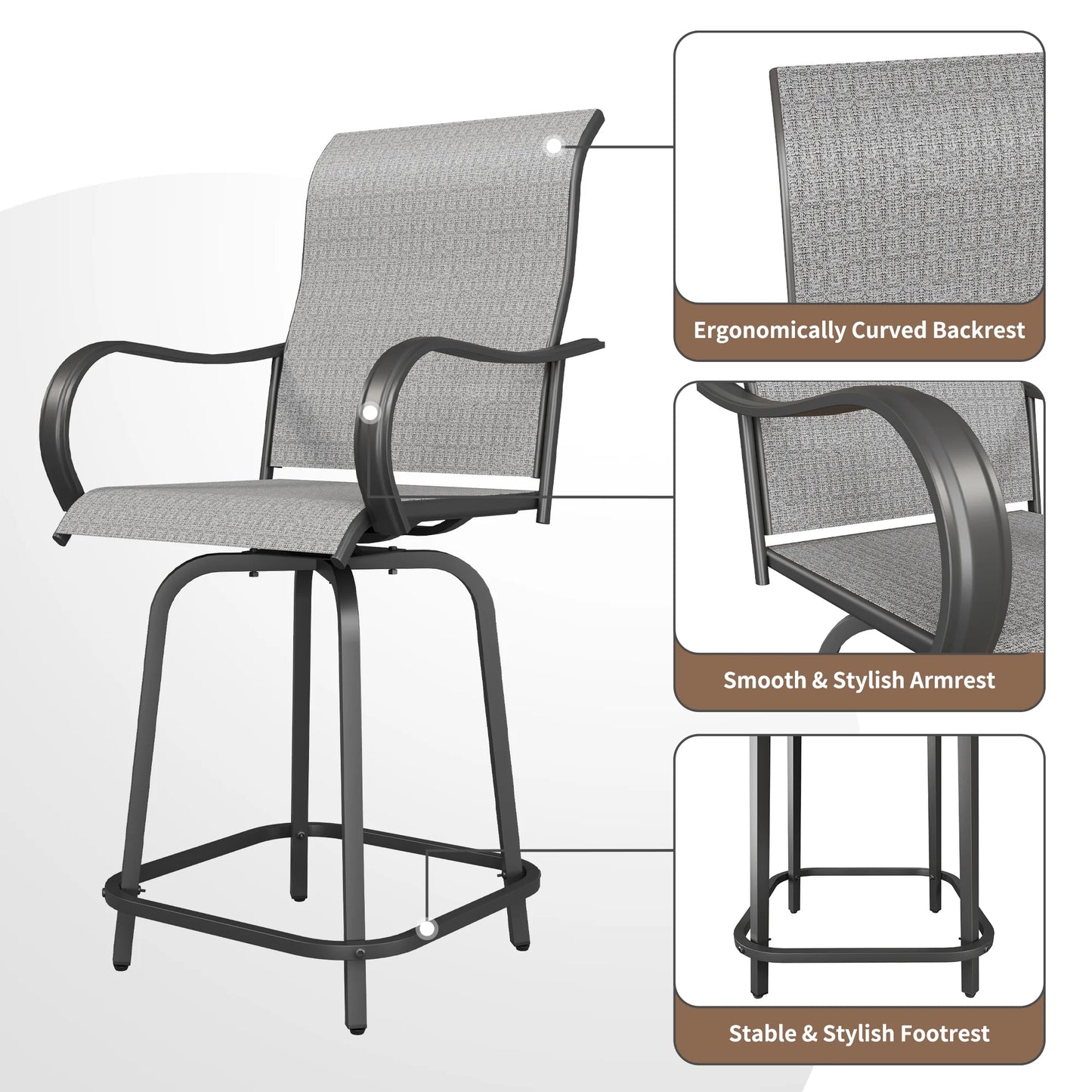 ECOPATIO Outdoor Swivel Bar Stool Collection Kids High Back Weather-Resistant - Set of 2, Light Gray