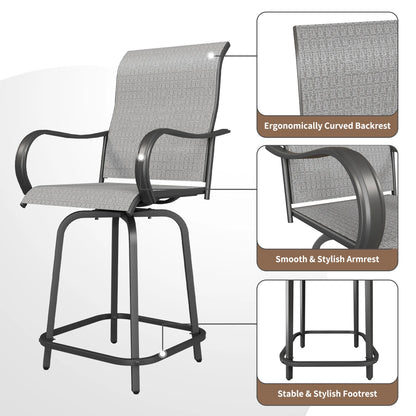 ECOPATIO Outdoor Swivel Bar Stool Collection Kids High Back Weather-Resistant - Set of 2, Light Gray