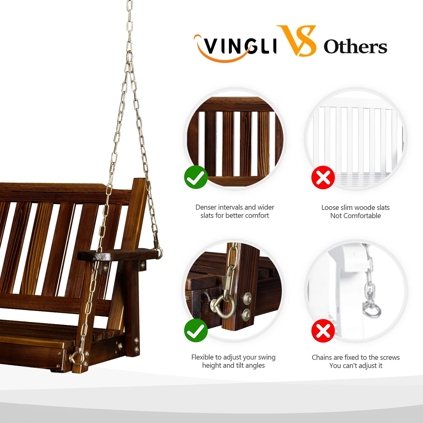VINGLI Heavy Duty 880 LBS 4 FT Patio Wooden Porch Swing with Upgraded Adjustable Chains, Rustic