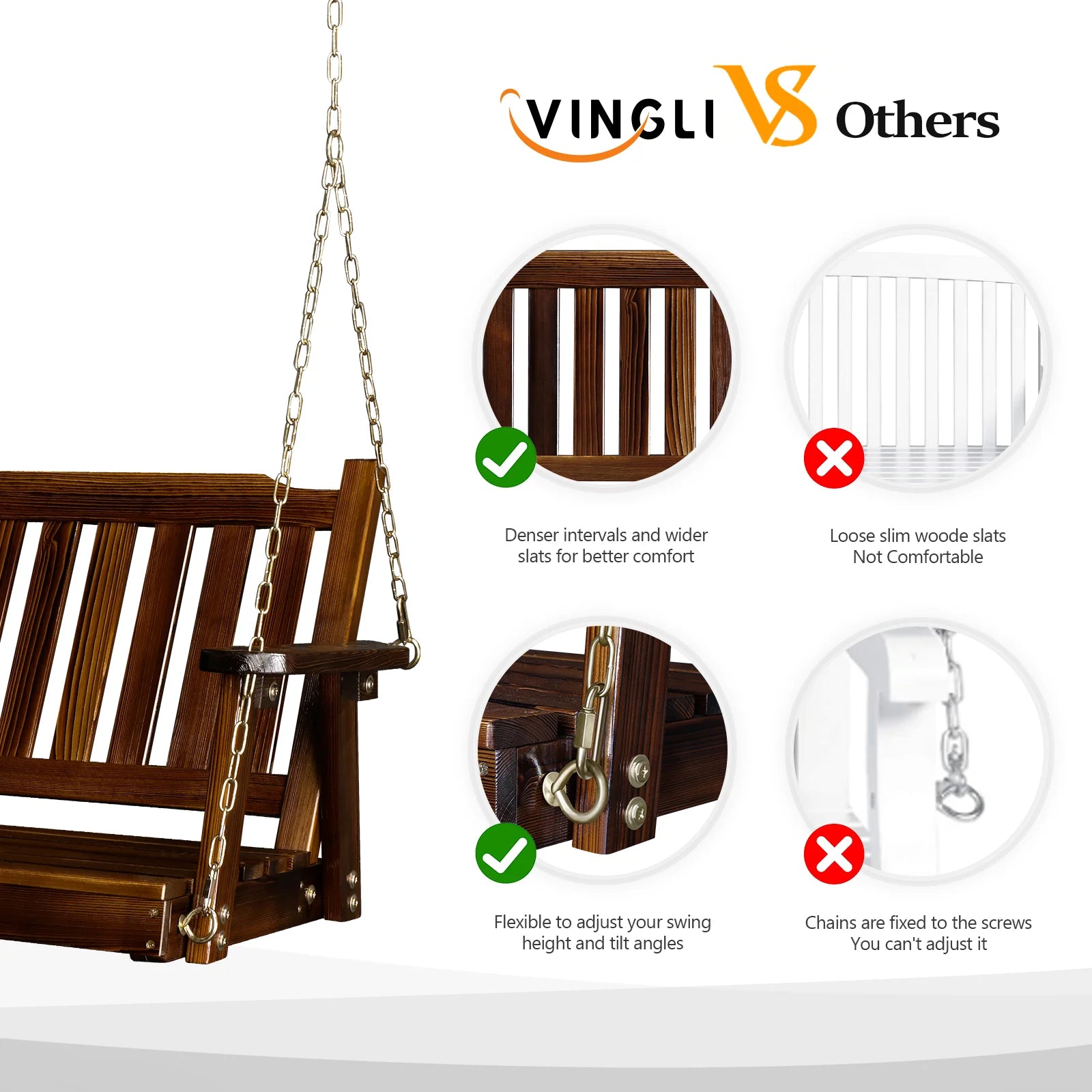 VINGLI Heavy Duty 880 LBS 4 FT Patio Wooden Porch Swing with Upgraded Adjustable Chains, Rustic